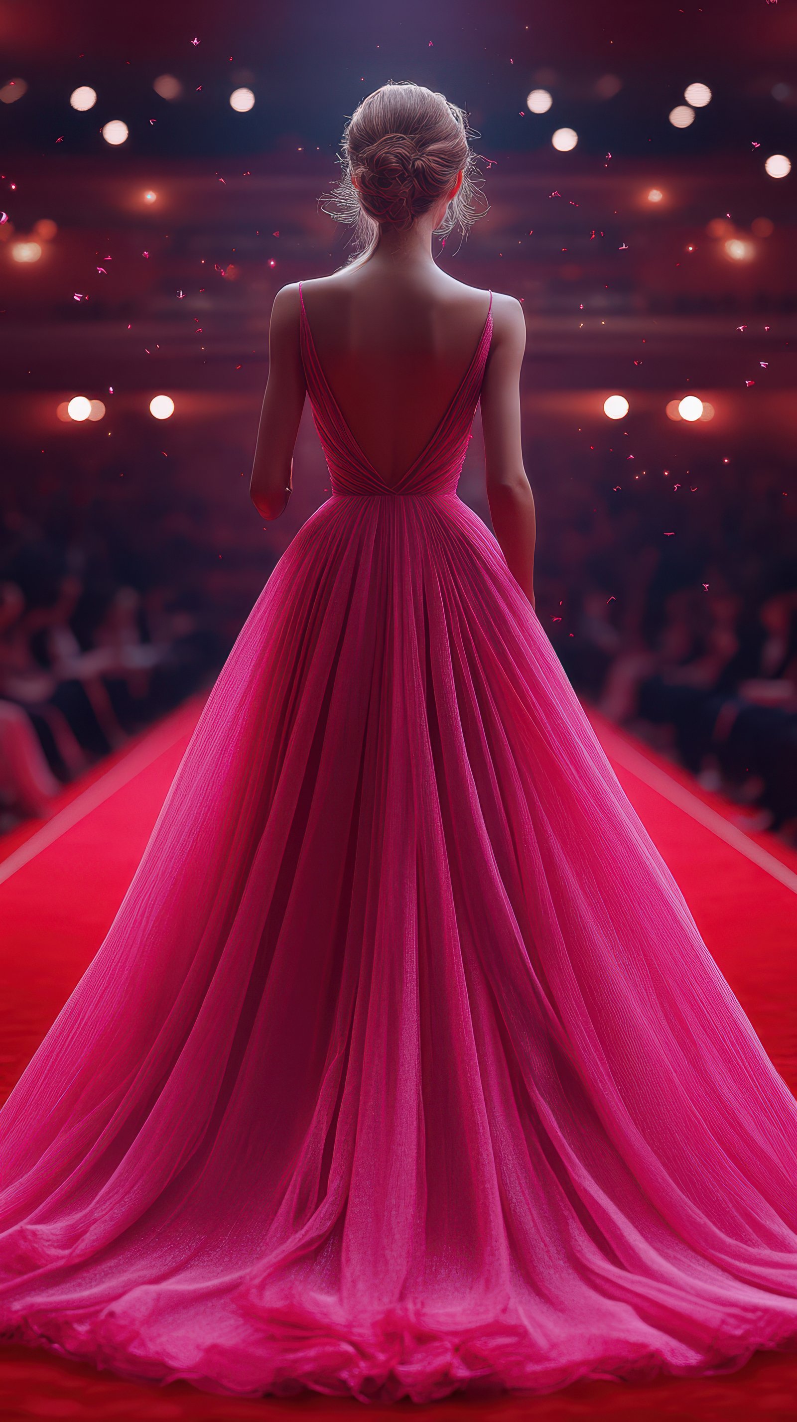 Fashion model walks down the runway in a stunning pink gown during a glamorous evening event in a theater setting